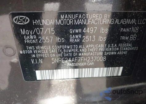 2015 Hyundai Sonata Se z USA, uszkodzony, nr VIN 5NPE24AF7FH237008